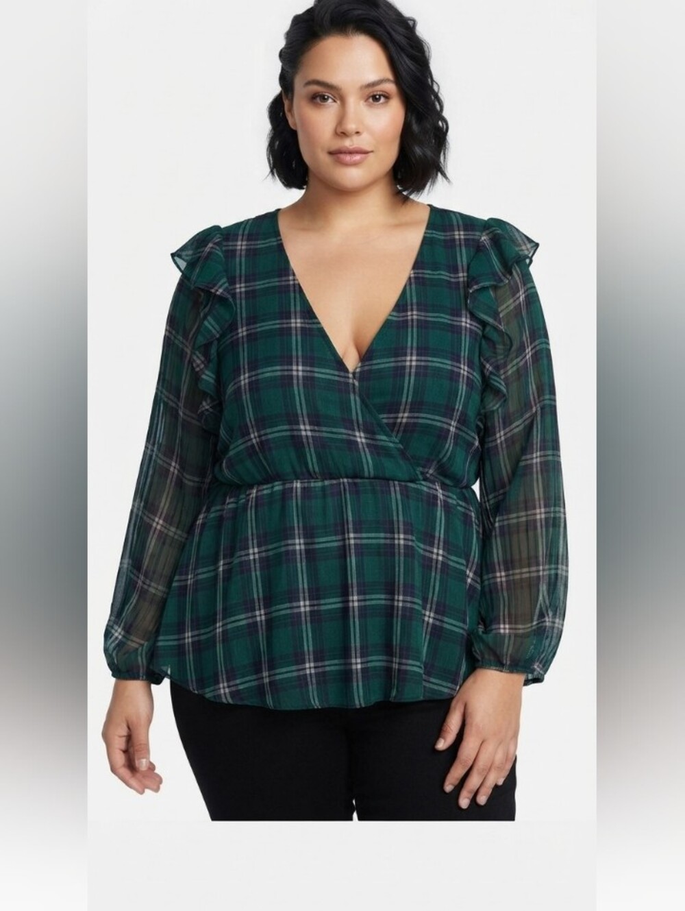 Torrid Plus Size Green Plaid Chiffon Ruffle Neckline Blouse Size 4X